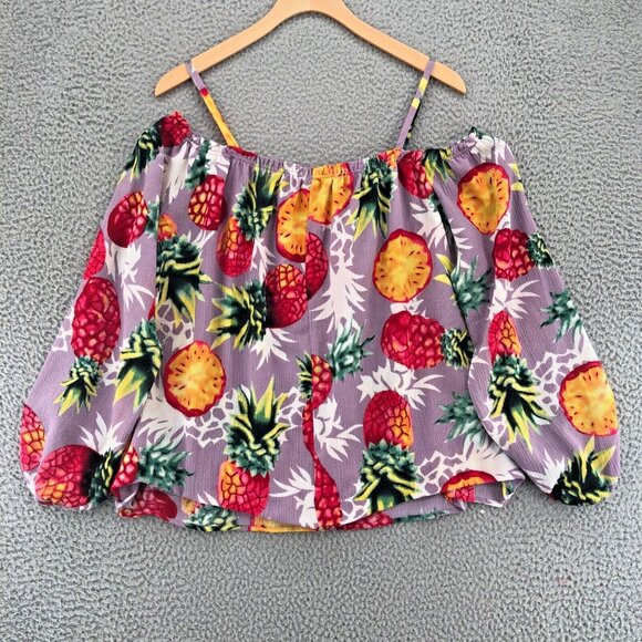 Entro Top Women Medium Purple Multi Pineapple Off Shoulder Crepe Tropical Blouse - Picture 3 of 10